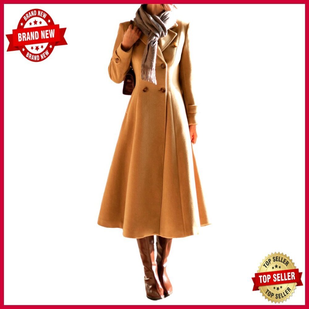 Long Wool Pea Coat Double Breasted Slim Fit Below Knee Winter Coat